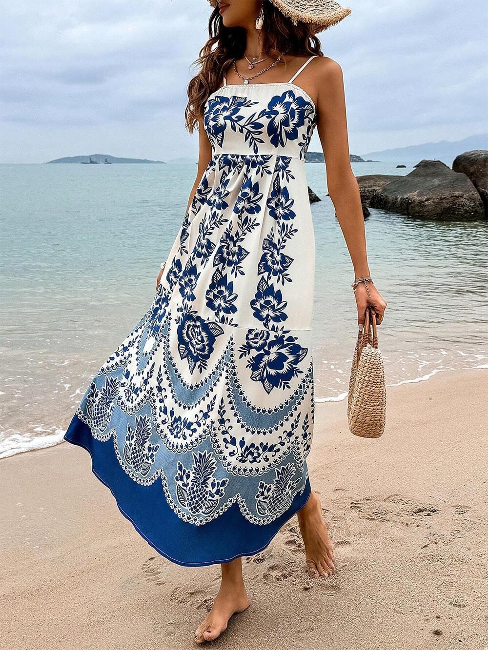 Vestido midi holgado con estampado floral étnico y espalda fruncida