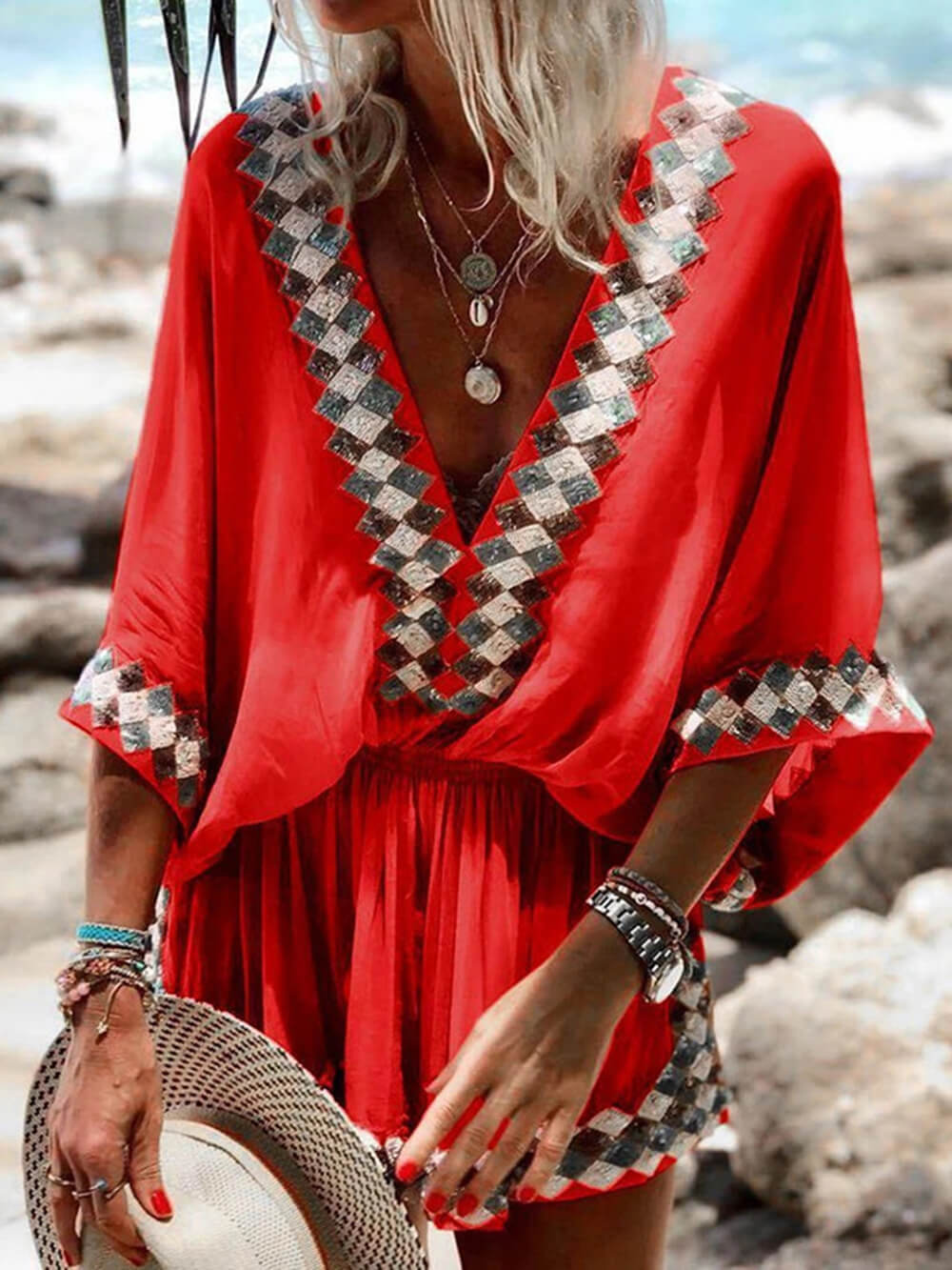 Romper estilo kimono con estampado bohemio de playa