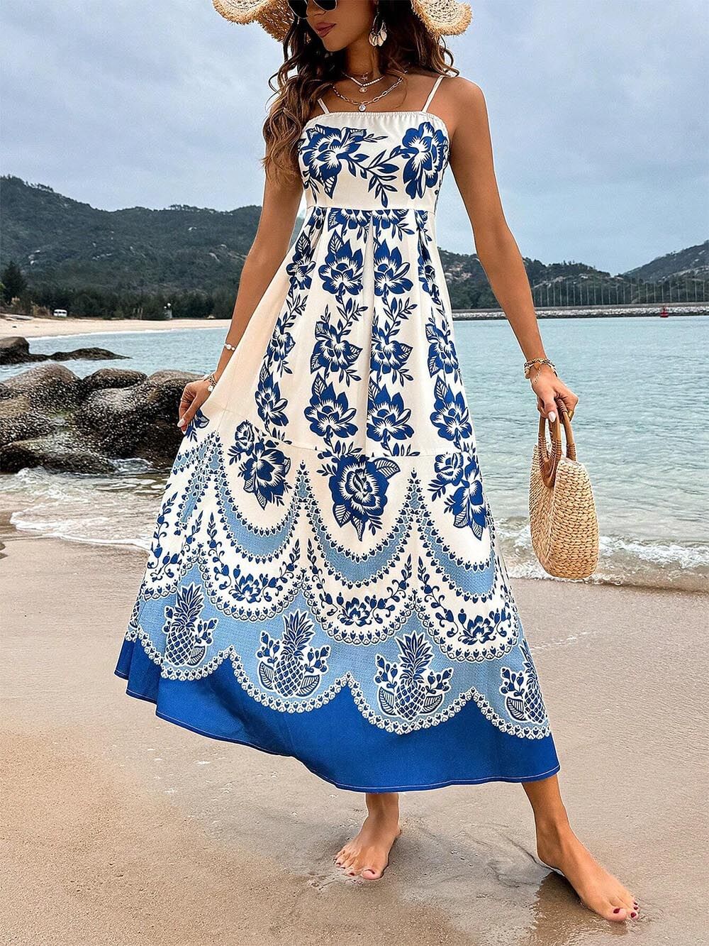Vestido midi holgado con estampado floral étnico y espalda fruncida