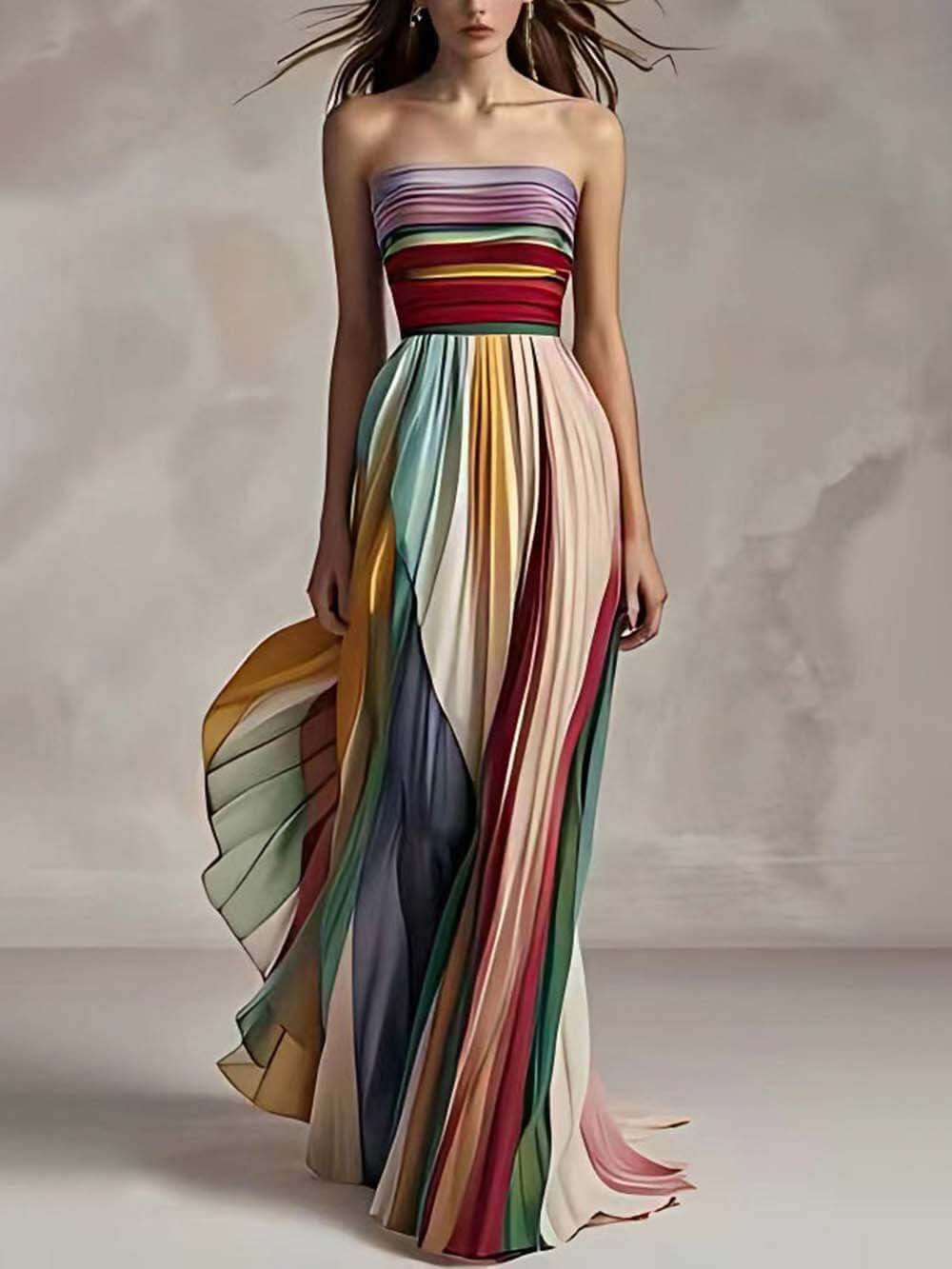 Vestido maxi bandeau plisado estampado a rayas elegante