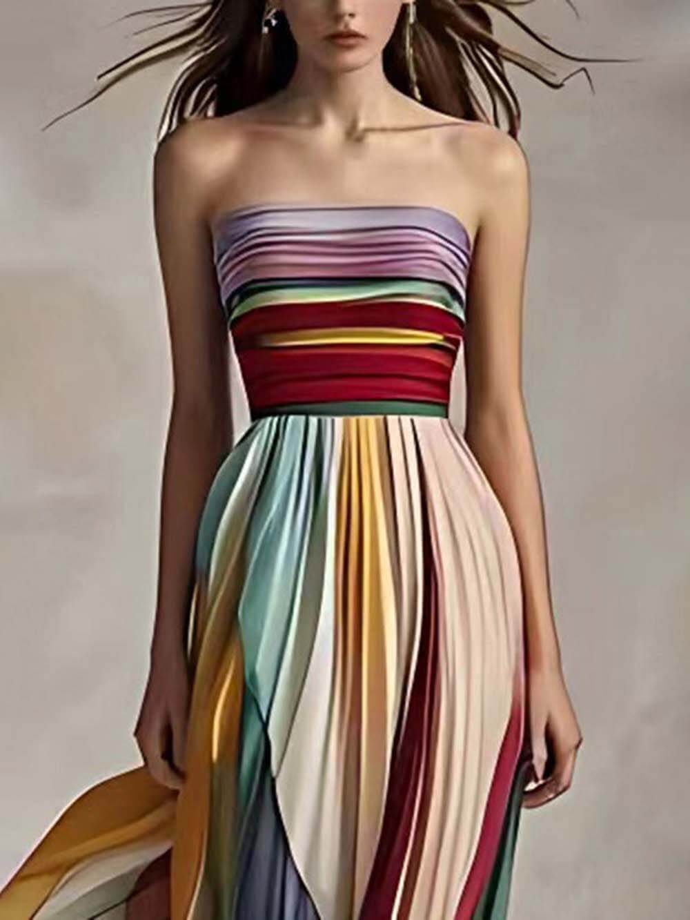 Vestido maxi bandeau plisado estampado a rayas elegante