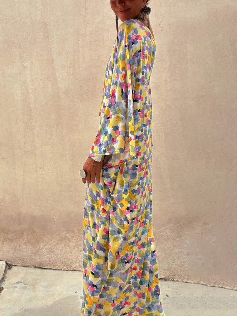 Vestido maxi casual para vacaciones con estampado teñido y hombros descubiertos