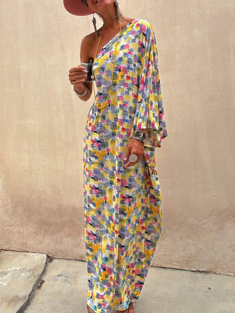 Vestido maxi casual para vacaciones con estampado teñido y hombros descubiertos