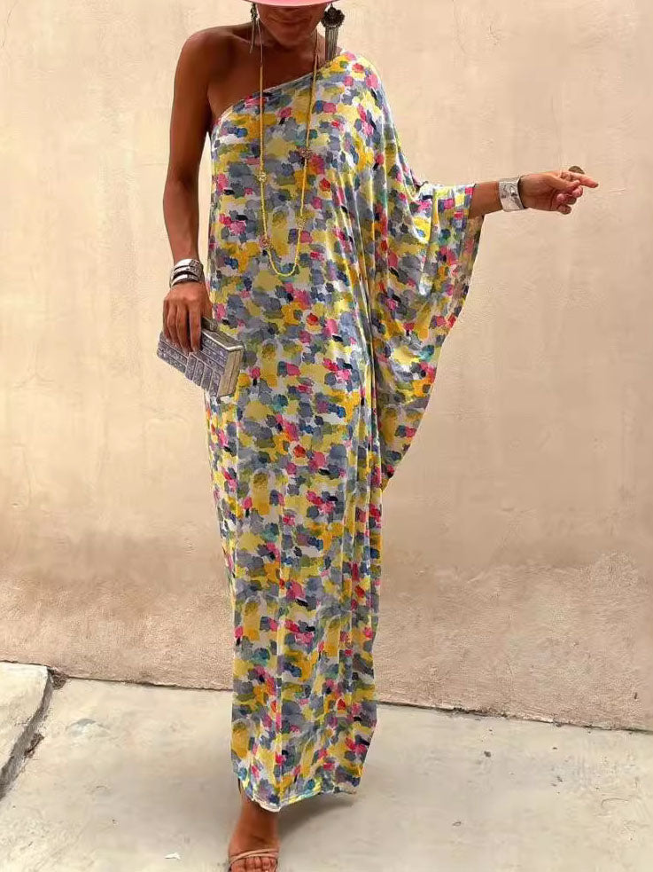 Vestido maxi casual para vacaciones con estampado teñido y hombros descubiertos