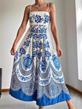Vestido midi holgado con estampado floral étnico y espalda fruncida