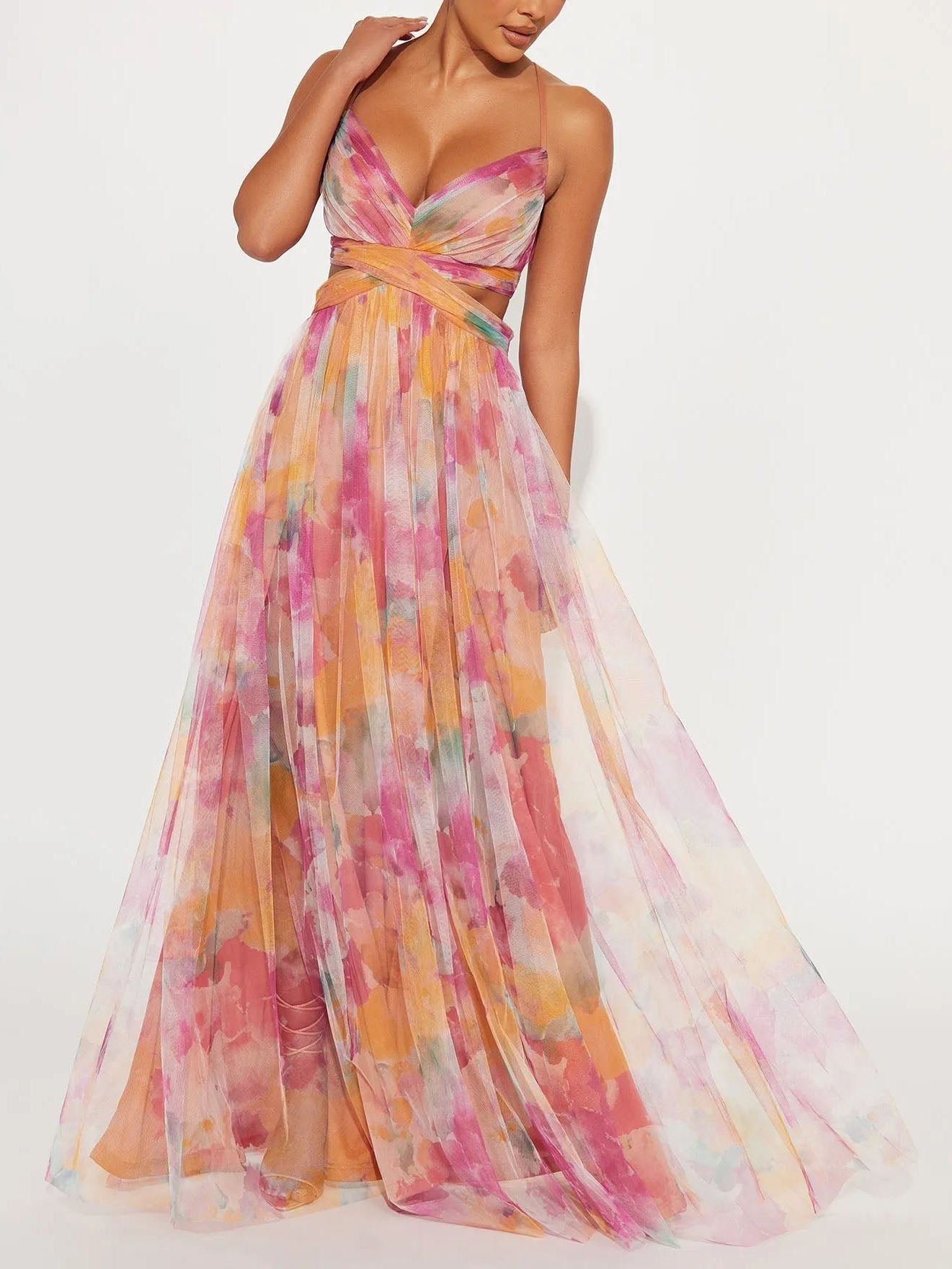 Vestido maxi A-line elegante con escote en V y estampado floral pintado