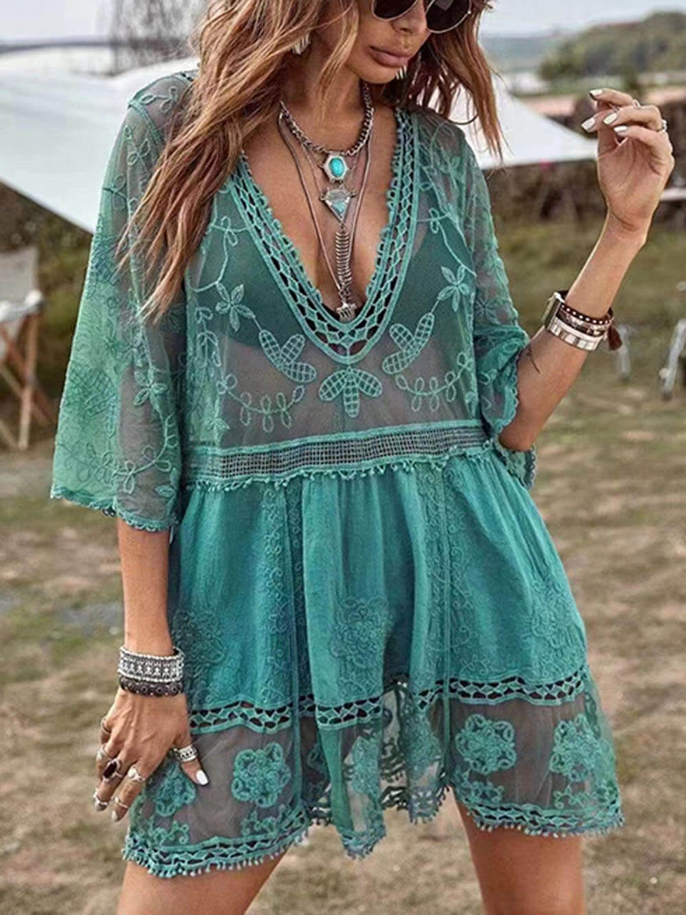 Vestido holgado de encaje para la playa, cubre bikini