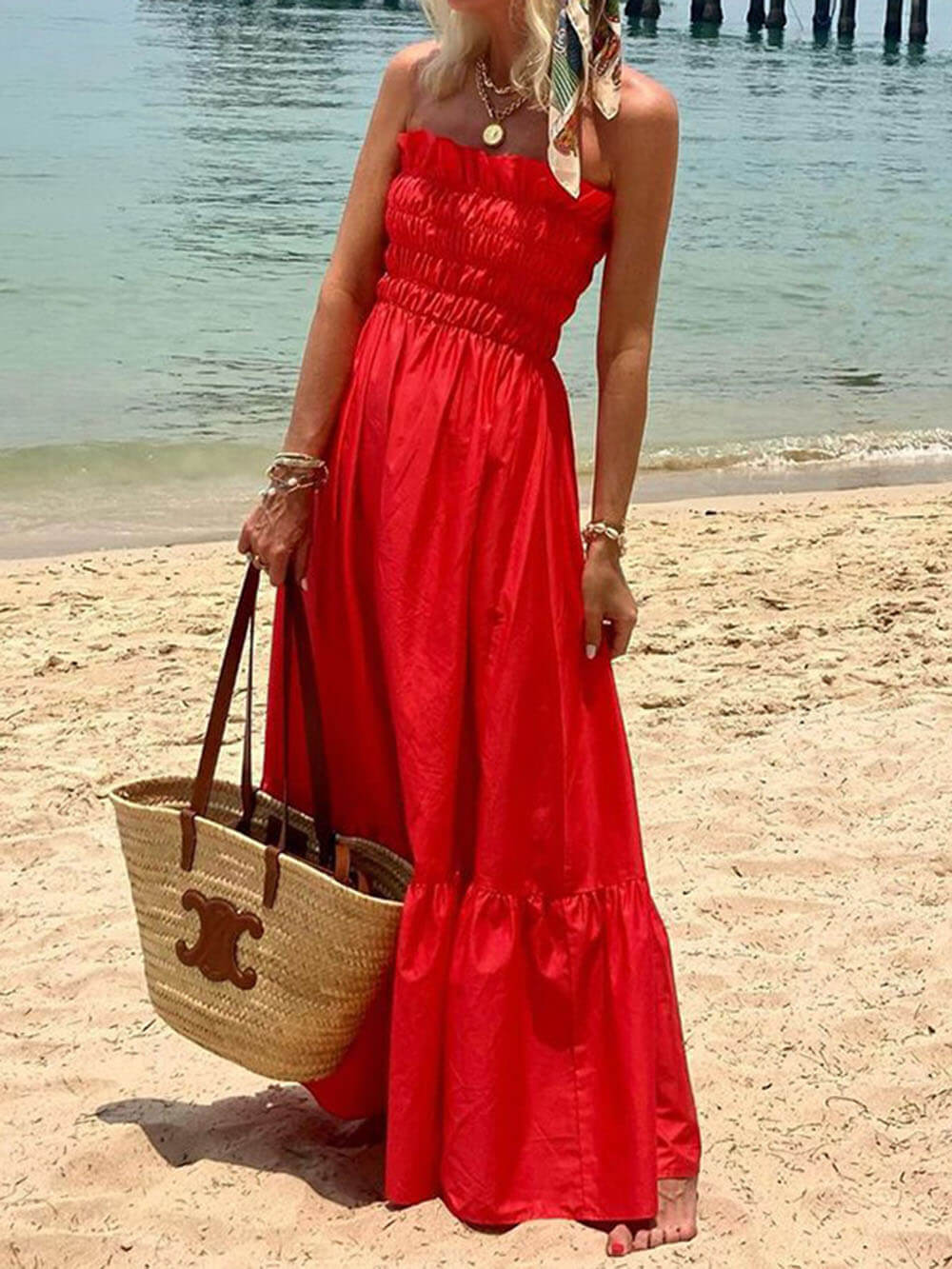 Vestido maxi para vacaciones con hombros descubiertos y busto fruncido