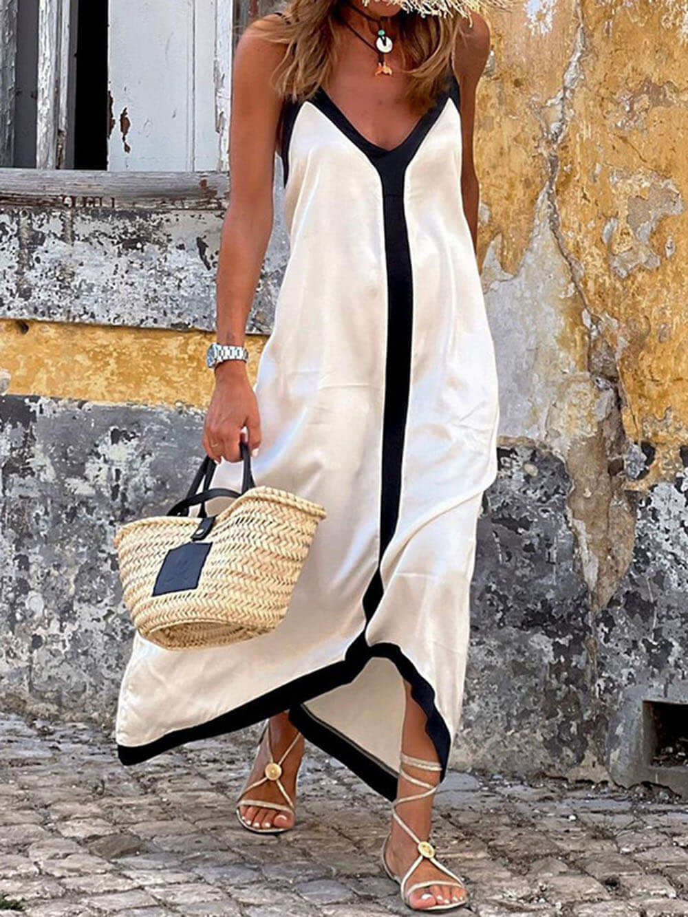 Vestido midi con tirantes en bloques de color
