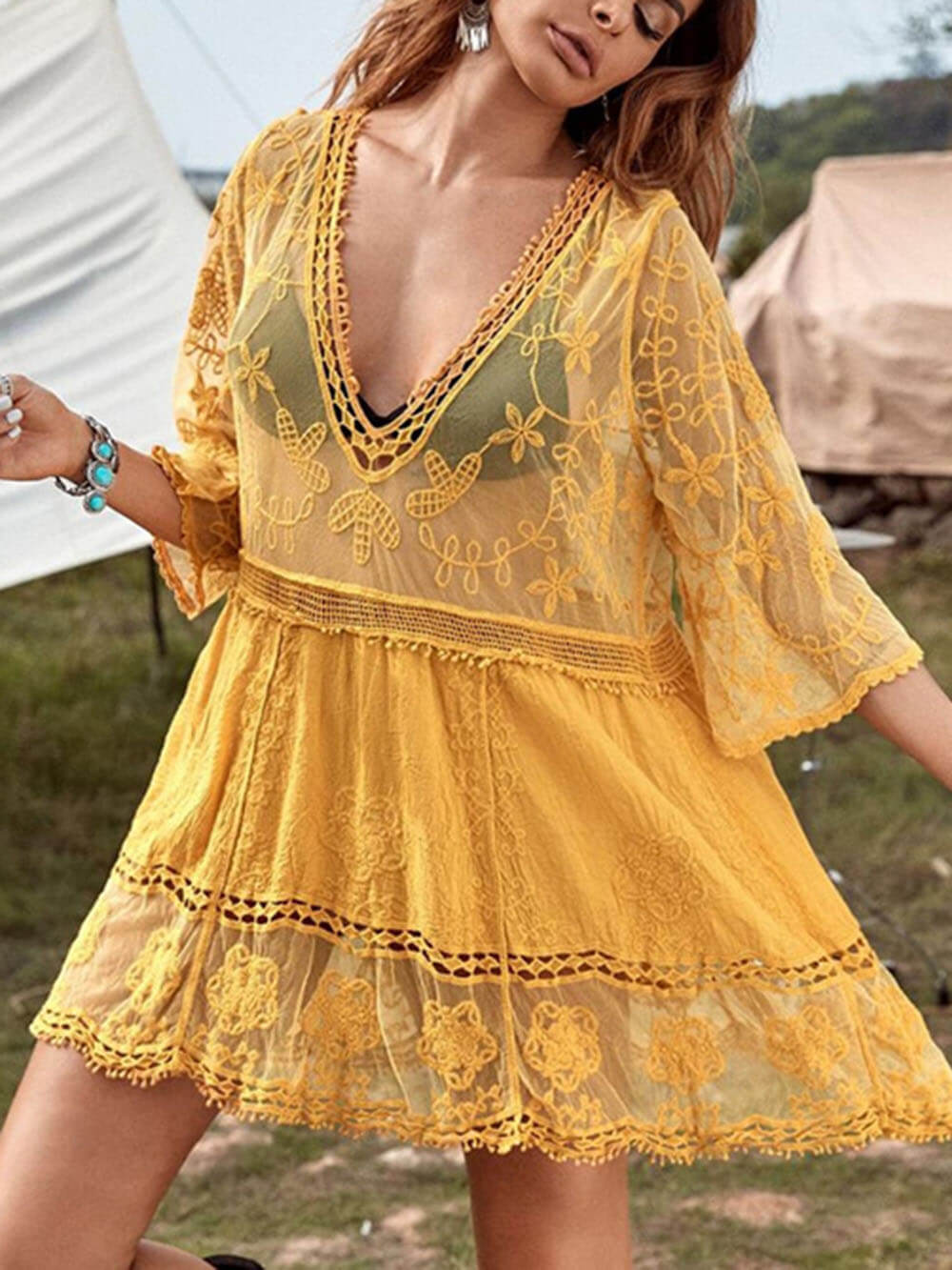 Vestido holgado de encaje para la playa, cubre bikini