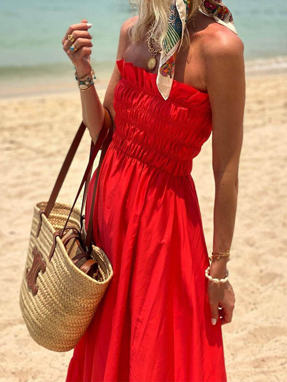 Vestido maxi para vacaciones con hombros descubiertos y busto fruncido