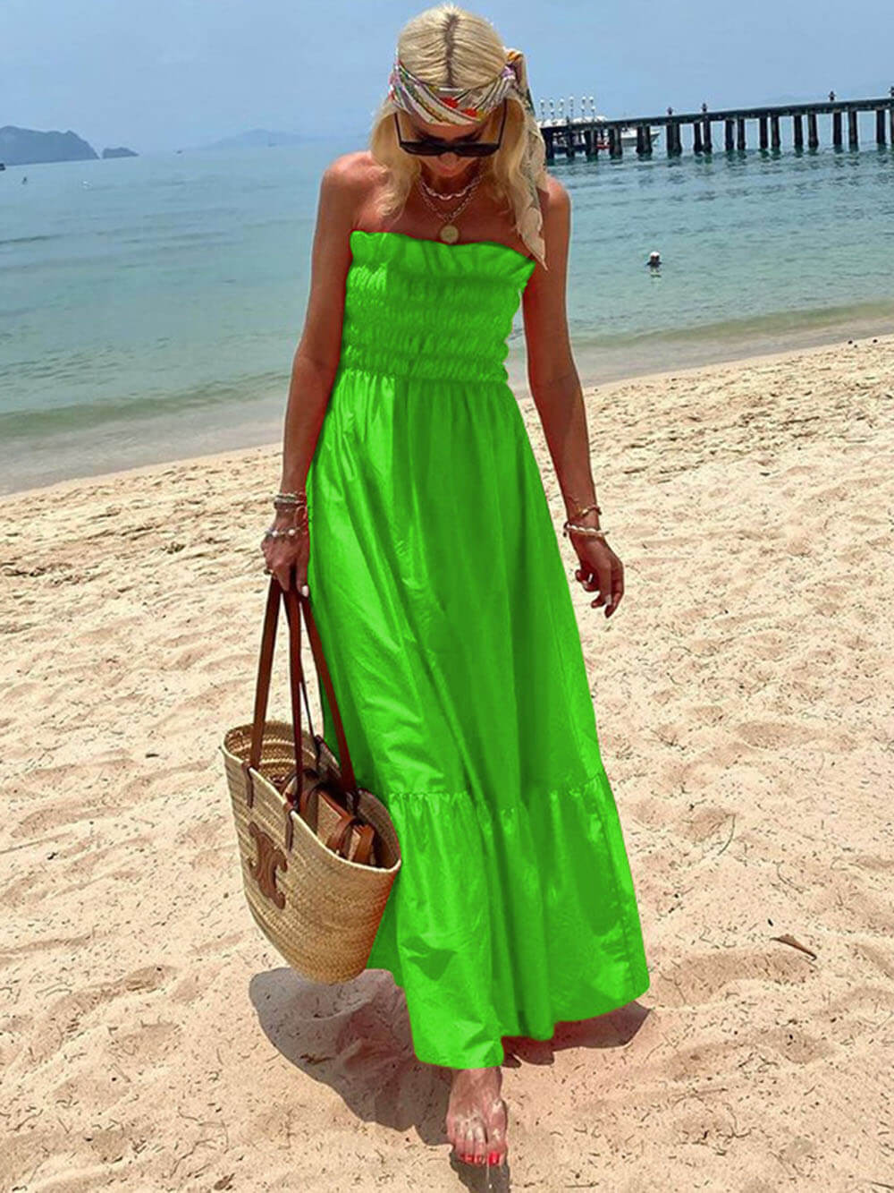 Vestido maxi para vacaciones con hombros descubiertos y busto fruncido