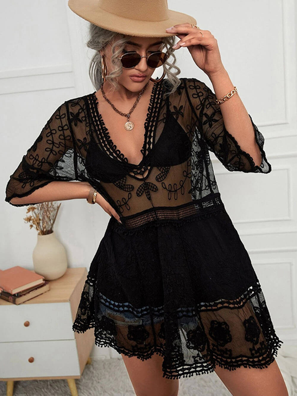 Vestido holgado de encaje para la playa, cubre bikini