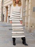 Vestido maxi de punto a rayas con volantes y mangas largas